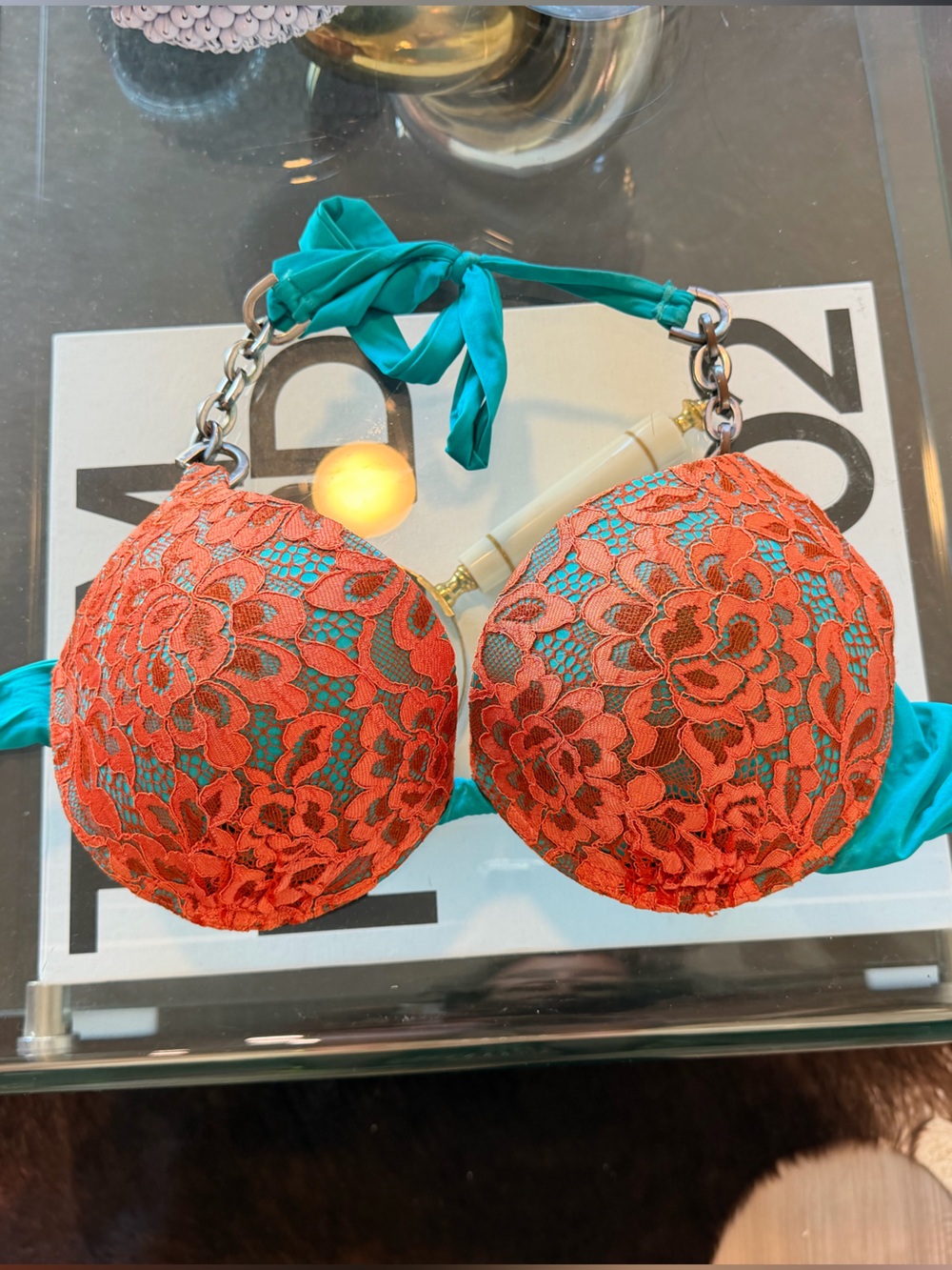 Beach Bunny Bronze Orange Lace Push-Up Bikini Top Size XL